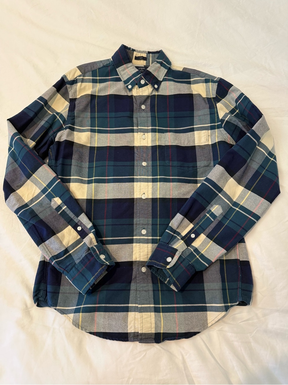 J. Crew Men's Blue, Cream and Green Plaid Button-Down Shirt